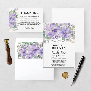 Tarjeta De Agradecimiento Elegante Lluvia de Flores Púrpura para Boda