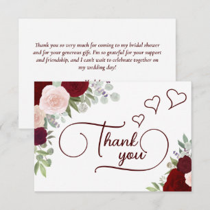 Tarjeta De Agradecimiento Elegante Lluvia de Novia Burgundy y Rosado Boho Ro