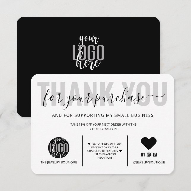 Tarjeta De Agradecimiento Elegante Logo de Black White Script Gracias Al Cli (Anverso / Reverso)