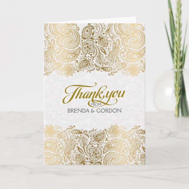 Tarjeta De Agradecimiento Elegante Lugar De Oro Y Paisley Blanco (Anverso)