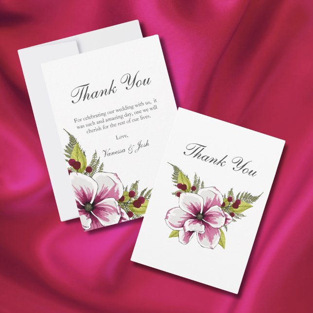 Tarjeta De Agradecimiento Elegante Magenta White Florals Botánicos Verdes (Subido por el creador)