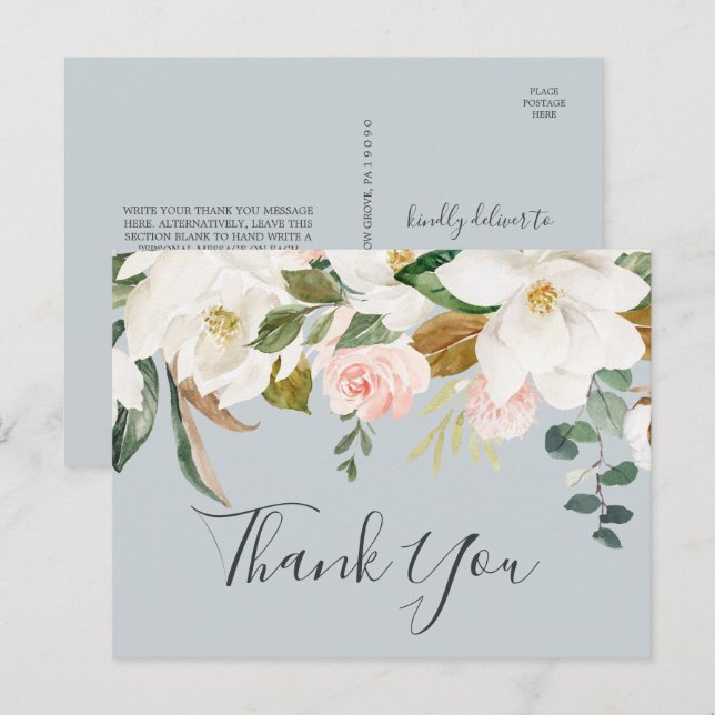 Tarjeta de agradecimiento Elegante Magnolia Azul G (Anverso / Reverso)