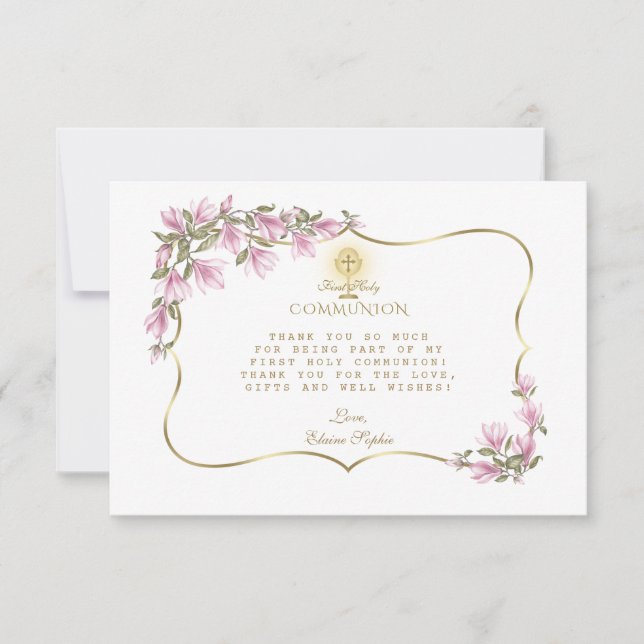 Tarjeta De Agradecimiento Elegante Magnolia Flores Oro Primera Santa Comunió (Anverso)