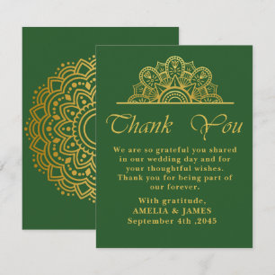 Tarjeta De Agradecimiento Elegante Mandala de Boda Verde Oscuro y Dorado