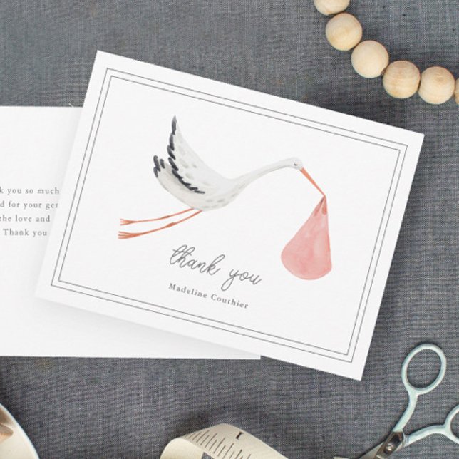 Tarjeta De Agradecimiento Elegante mano de Chicas de cigüeñas dibujados Baby (Elegant hand painted stork pink girls baby shower thank you cards.)