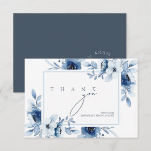 Tarjeta De Agradecimiento Elegante Marco Floral Azul Monograma