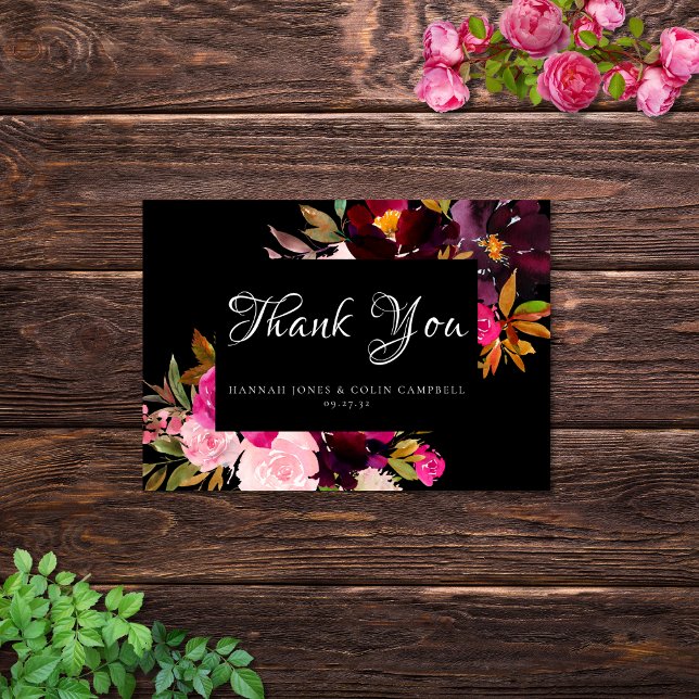 Tarjeta De Agradecimiento Elegante marco floral rosa borgoñona negra (Subido por el creador)