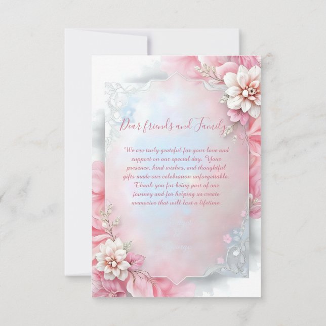Tarjeta De Agradecimiento Elegante Marco floral rosado boda suave paño brill (Reverso)