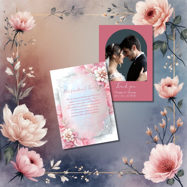 Tarjeta De Agradecimiento Elegante Marco floral rosado boda suave paño brill (Subido por el creador)