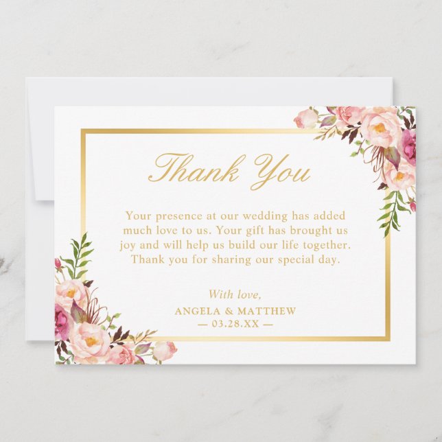 Tarjeta De Agradecimiento Elegante Marco Rubor Rosa Floral Gold Gracias (Anverso)