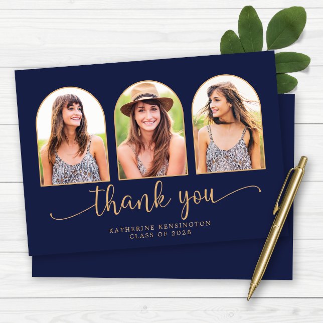 Tarjeta De Agradecimiento Elegante Marina Arco Oro Azul 3 Graduación de Foto (Elegant Arch Navy Blue Gold 3 Photo Graduation Thank You Card)