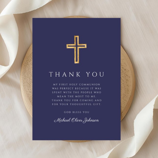 Tarjeta De Agradecimiento Elegante Marina Azul Cruz Religiosa Primera Comuni (Elegant Navy Blue Religious Cross First Communion Thank You Card)