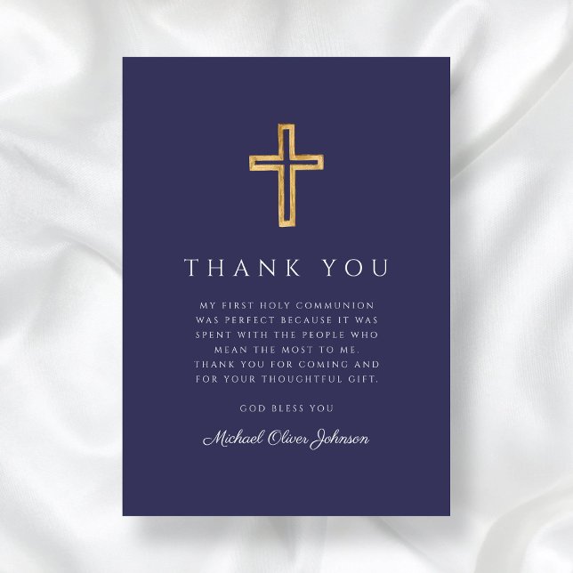 Tarjeta De Agradecimiento Elegante Marina Azul Cruz Religiosa Primera Comuni (Elegant Navy Blue Religious Cross First Communion Thank You Card)