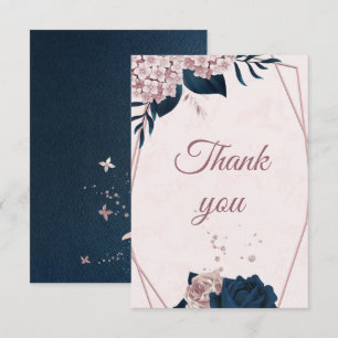 Tarjeta De Agradecimiento elegante marina y flores rosa polvorientas geométr