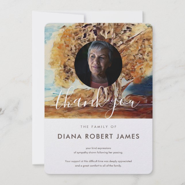 Tarjeta De Agradecimiento Elegante Marrón Rústico Árboles otoñales Fotografí (Anverso)