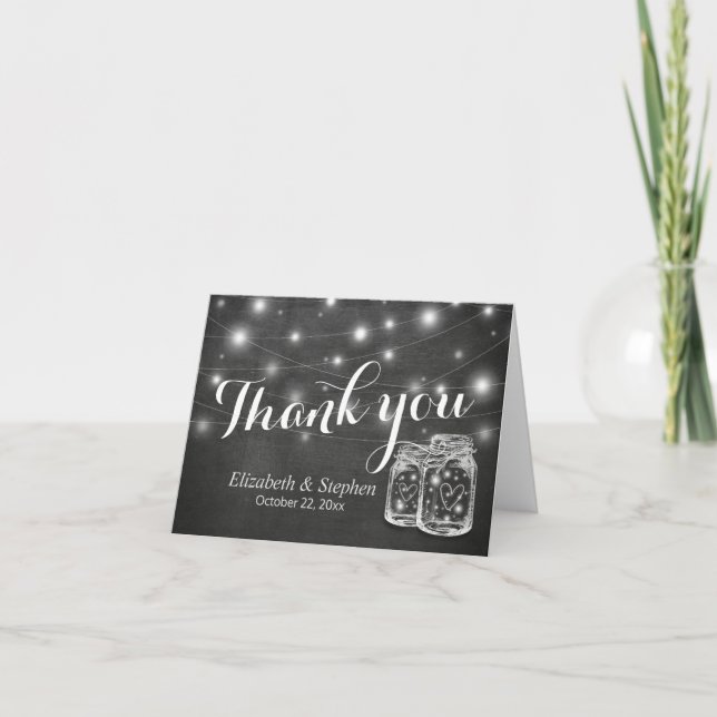 Tarjeta De Agradecimiento Elegante Mason Jar String Lights Boda Gracias (Anverso)