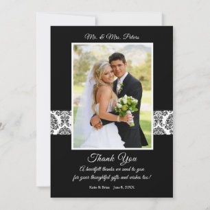 Tarjeta De Agradecimiento Elegante matrimonio damasco blanco y negro
