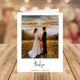 Tarjeta De Agradecimiento Elegante Minimalista de Bodas con 2 Fotos Script