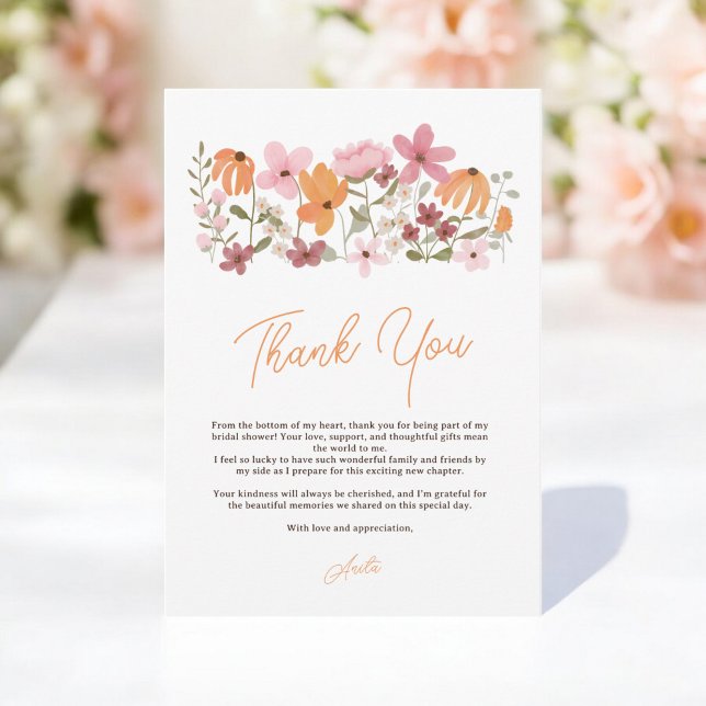 Tarjeta De Agradecimiento Elegante moda boho pradera de flor silvestre ducha (Elegant chic boho meadow wildflower bridal shower thank you card)