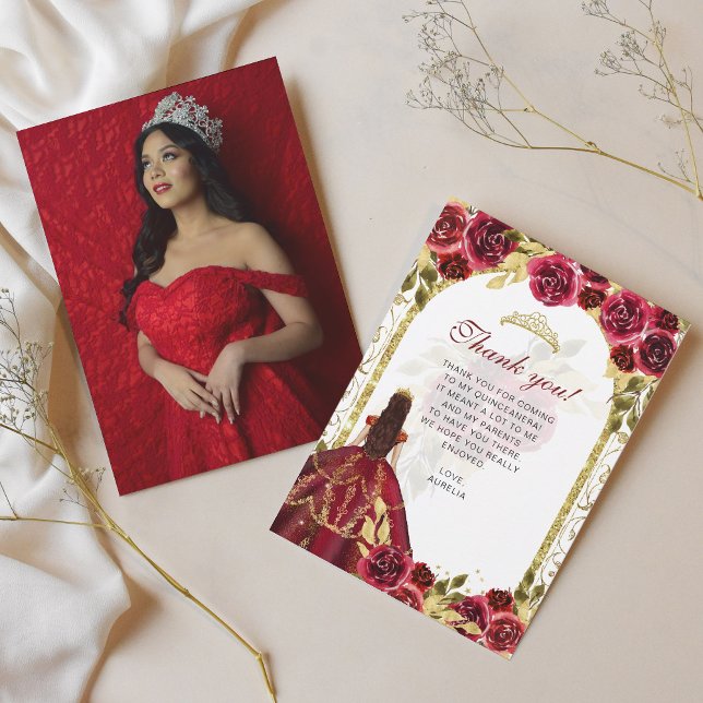 Tarjeta De Agradecimiento Elegante Moda Floral Roja Foto Quinceañera (Subido por el creador)