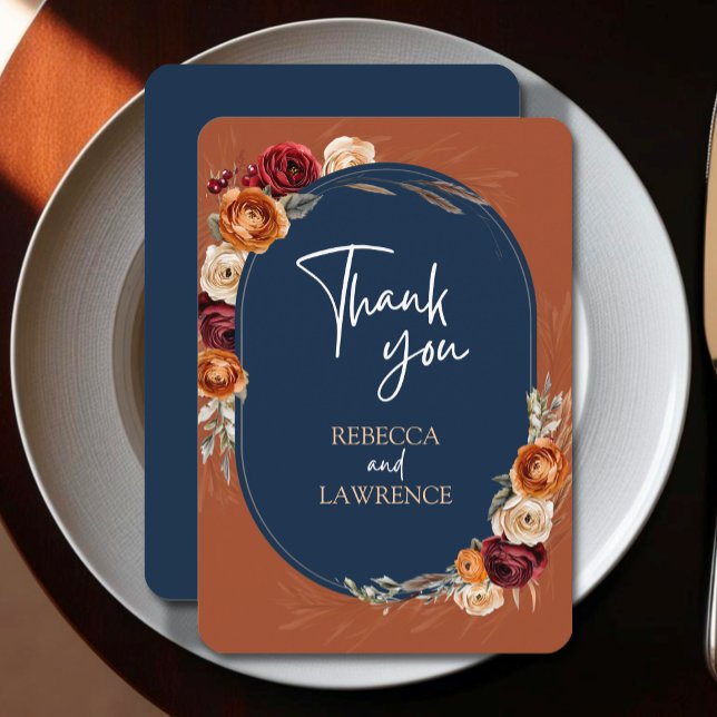 Tarjeta De Agradecimiento Elegante moda otoño naranja marina boda floral (Subido por el creador)