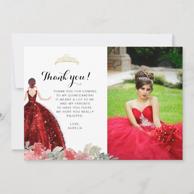 Tarjeta De Agradecimiento Elegante Moda Ruby Red Floral Geométrica Quinceañe (Anverso)