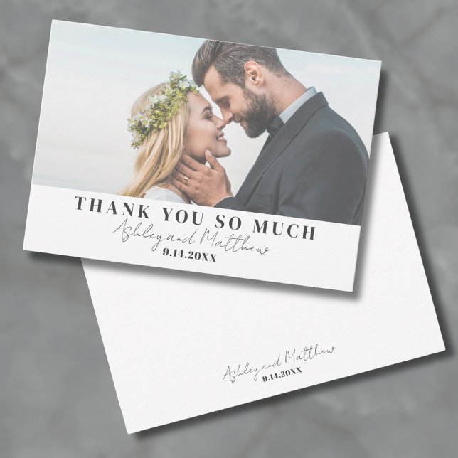 Tarjeta De Agradecimiento Elegante Moda Simple Script Boda Foto (Simple Elegant Script Typography Wedding Photo Thank You Card)