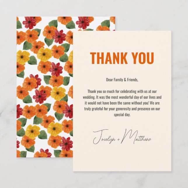 Tarjeta De Agradecimiento Elegante Moderno Floral Naranja Retro (Anverso / Reverso)