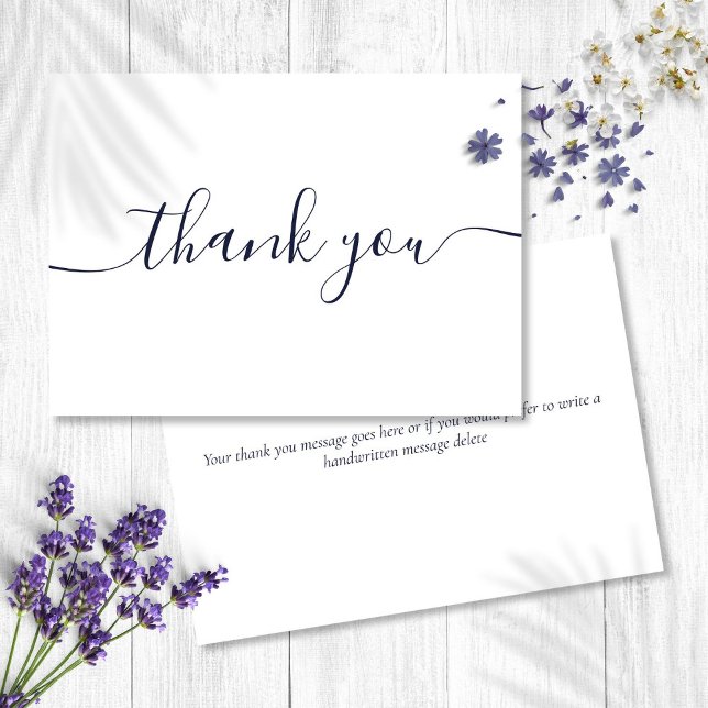 Tarjeta De Agradecimiento Elegante Moderno Simple Azul Marino Script (Simple Modern Elegant Navy Blue Script Thank You Card)