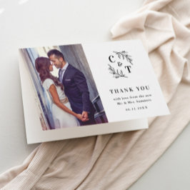 Tarjeta De Agradecimiento Elegante Monograma Boda blanco y negro