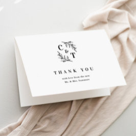 Tarjeta De Agradecimiento Elegante Monograma Boda blanco y negro