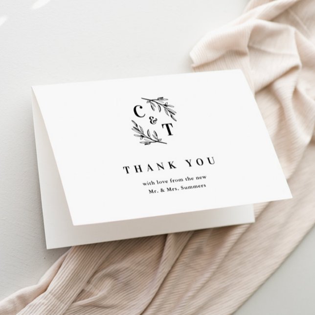 Tarjeta De Agradecimiento Elegante Monograma Boda blanco y negro (Elegant Monogram Greenery Leaves Wedding Thank You Cards.)