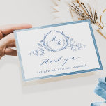 Tarjeta De Agradecimiento Elegante Monograma Clásico Azul, Boda acuarela<br><div class="desc">Gracias a sus invitados con una elegante tarjeta de agradecimiento de boda personalizada. Diseño con delicado marco de color azul, hermoso monograma botánico dibujado a mano azul con iniciales de parejas, elegante frase de agradecimiento y sección de texto para personalizarlo como quieras en el frente y en la parte posterior....</div>