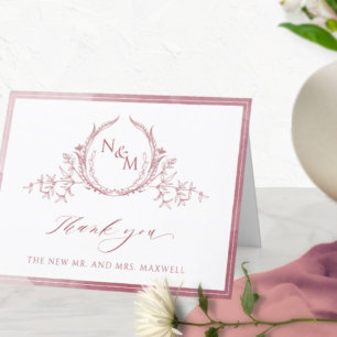 Tarjeta De Agradecimiento Elegante Monograma de Borgoña, Boda de acuarela