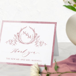 Tarjeta De Agradecimiento Elegante Monograma de Borgoña, Boda de acuarela