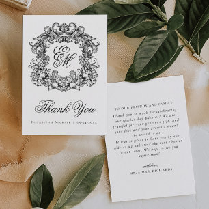Tarjeta De Agradecimiento Elegante Monograma de Cima de Boda Vintage