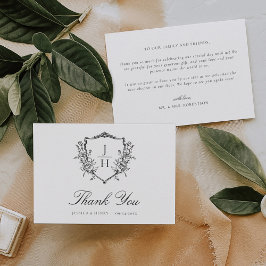 Tarjeta De Agradecimiento Elegante Monograma de Cresta Floral de Regencia pa