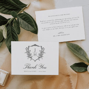 Tarjeta De Agradecimiento Elegante Monograma de Cresta Floral de Regencia pa
