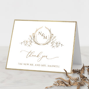 Tarjeta De Agradecimiento Elegante Monograma de Oro y Marco de Boda