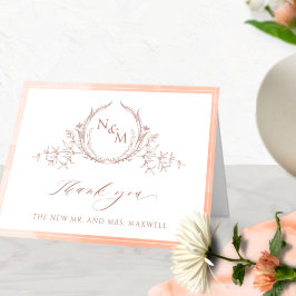 Tarjeta De Agradecimiento Elegante Monograma de Peach, Boda de acuarela