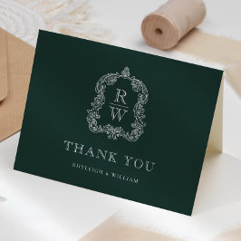 Tarjeta De Agradecimiento Elegante Monograma Escudo Boda Verde Forestal