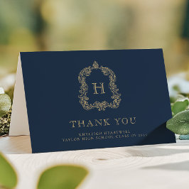 Tarjeta De Agradecimiento Elegante Monograma Escudo Marina Oro Azul Graduaci