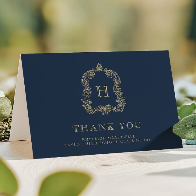 Tarjeta De Agradecimiento Elegante Monograma Escudo Marina Oro Azul Graduaci (Subido por el creador)