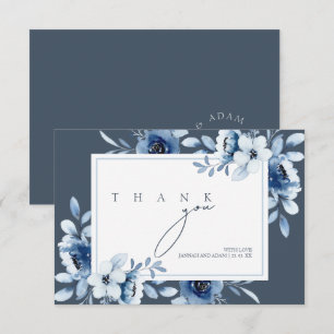 Tarjeta De Agradecimiento Elegante Monograma Floral Azul Pizarra