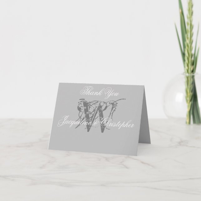 Tarjeta De Agradecimiento Elegante Monograma Gris Blanco Boda plegado (Anverso)