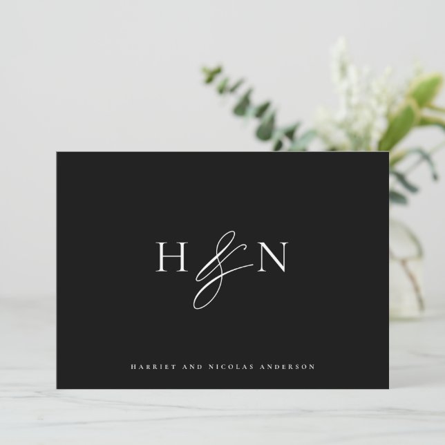 Tarjeta De Agradecimiento Elegante Monograma Negro Boda (Anverso de pie)