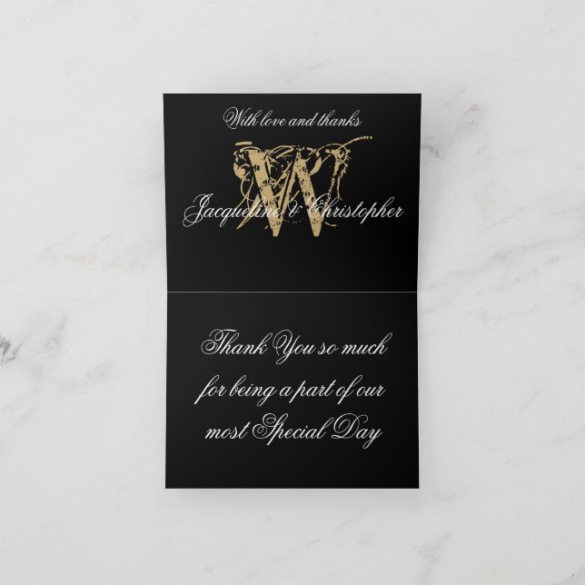 Tarjeta De Agradecimiento Elegante Monograma Nombres Boda dorado negro dobla (Interior)
