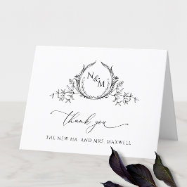 Tarjeta De Agradecimiento Elegante Monograma Nupcial en Blanco y Negro