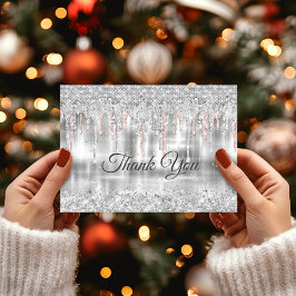 Tarjeta De Agradecimiento Elegante monograma plateado con brillo que gotea