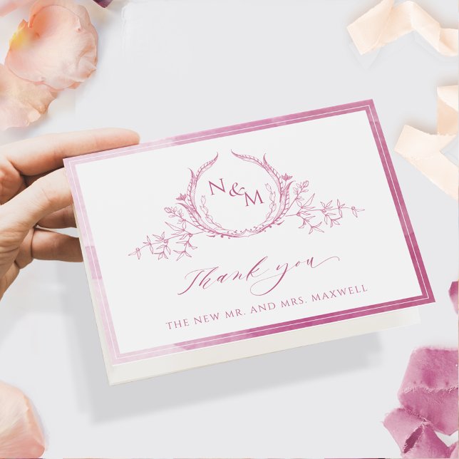 Tarjeta De Agradecimiento Elegante Monograma Rosa Mauve, Boda acuarela (Subido por el creador)